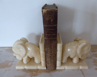 Pair of Alabaster Carved Elephant Bookends, Vintage Ornaments, Limited Edition 0618020-615  No free shipping to USA