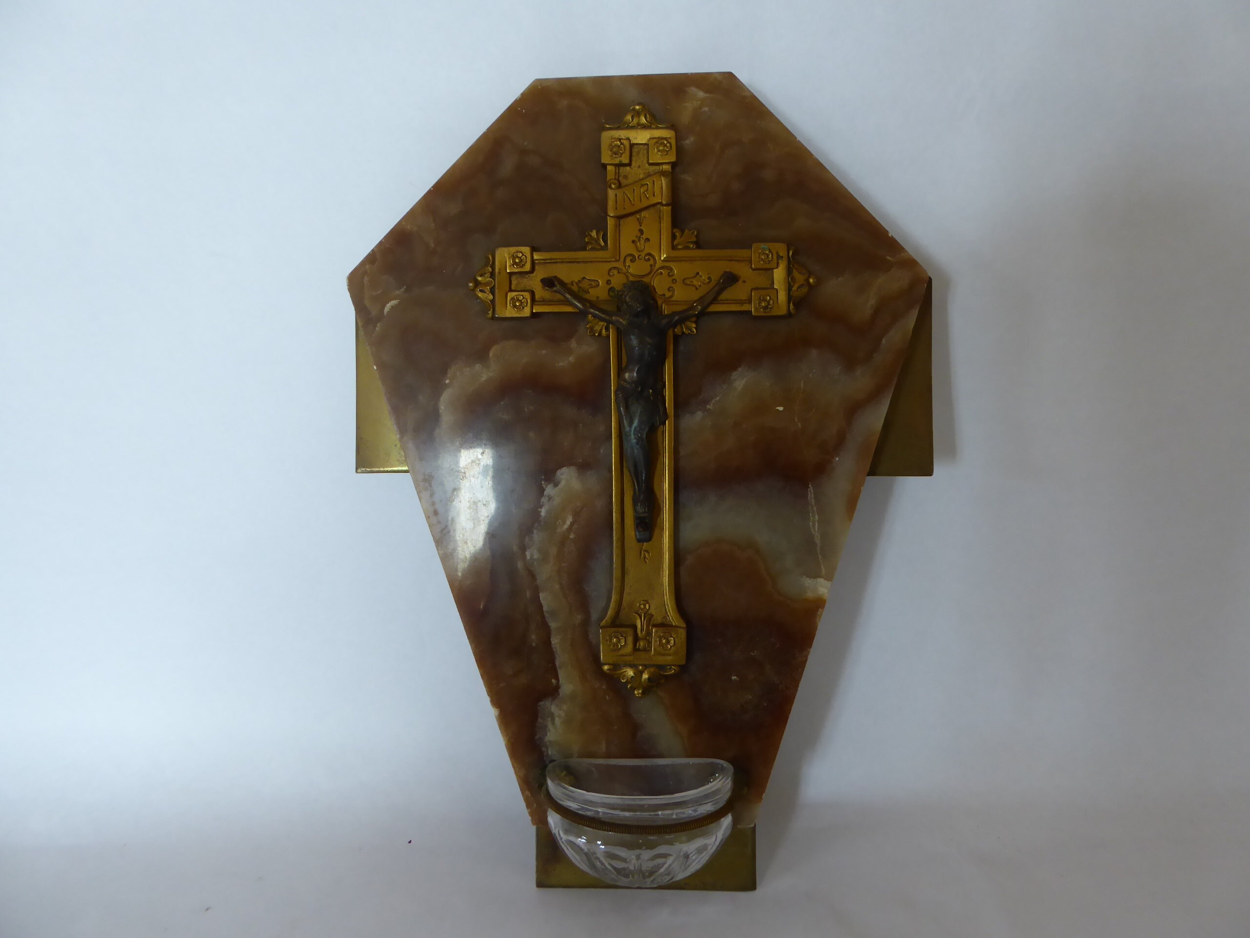 Vintage Français Marbre et Mur de Laiton Hanging Benitier Religious Decor Holy Water Font 0421037-17