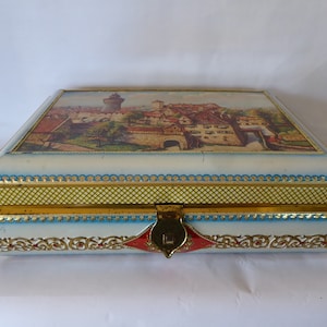 Large Vintage French Biscuit Tin with Padlock and Town Scene to the Lid 0621020-1868  No free shipping to USA