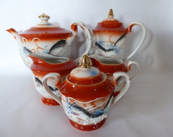 「Dragon」鶴　皿　置物 Hand Painted Japanese Dragon Three Piece Tea Set. Tea Pot