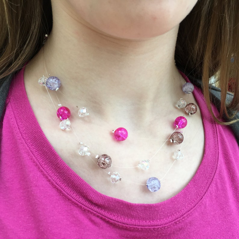 Floating beads illusion necklace crystal crackle glass pink Etsy