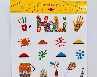 May include: A sheet of colorful stickers featuring various Holi festival symbols, including handprints, paint splatters, drums, and fireworks. The text "Holi" is written in a colorful, decorative font.