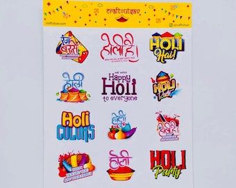 May include: A sheet of colorful stickers with various designs celebrating Holi, the Indian festival of colors. The stickers feature text in Hindi and English, including "Happy Holi", "Holi Colors", and "Holi Party".