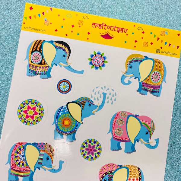 Baby Elephant Stickers - Decorative / Ornate / Indian Elephant & Mandala Stickers - 13 stickers on 1 sticker sheet