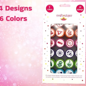 Diwali Art Self-ink Stamps for Kids 24 Unique Indian themed designs, 6 Colors, Party Favors, Activity for Indian festivals & occasions image 2