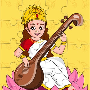 Saraswati Mata Jigsaw Puzzle Game -  8 x 6 inches - Made in USA - Goddess Saraswati - Return Gift for Kids for Pooja | Puja