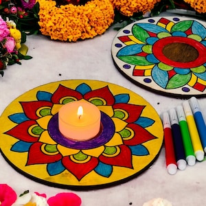 Diwali Rangoli Coloring Kit with Tea Light Holder | 2 pieces per set |  Puja Return Gift | Diwali Decoration | Includes 4 color pens