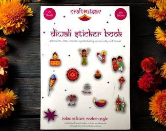 May include: A sticker book with 20 sheets and 250+ stickers celebrating Diwali. The cover features colorful illustrations of Diwali symbols, including diyas, fireworks, and rangoli patterns. The text on the cover reads "craftoutsav Diwali sticker book".