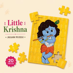 May include: A 20-piece jigsaw puzzle featuring a cartoon illustration of Little Krishna playing a flute. The puzzle is yellow with a peacock feather pattern and shows a blue-skinned child with dark hair, a red dhoti, and a white flower garland.