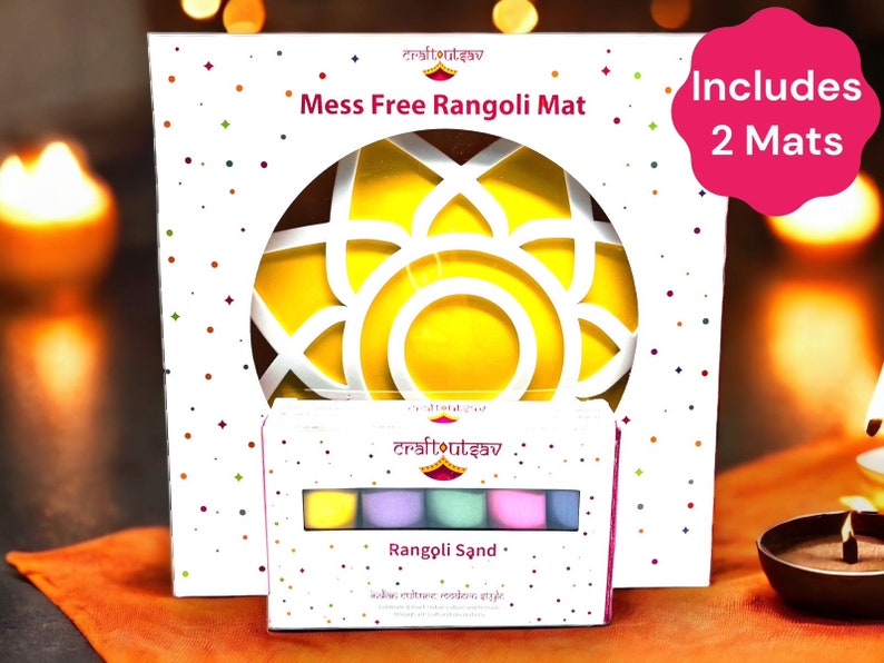 May include: A white box with a yellow and white mandala design on the front. The box says "Craft Utsav Mess Free Rangoli Mat" and "Includes 2 Mats". A smaller white box with a colorful set of rangoli sand is in front of the larger box. The smaller box says "Craft Utsav Rangoli Sand - India's culture modern style."