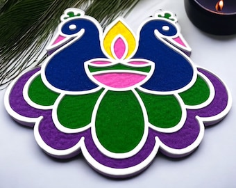 Peacock Diwali Rangoli Mess-free Foam Mat, Includes 2 Mats - 10 in wide for Diwali Decoration, Diwali Gift, Diwali Decor, Diwali Rangoli Mat