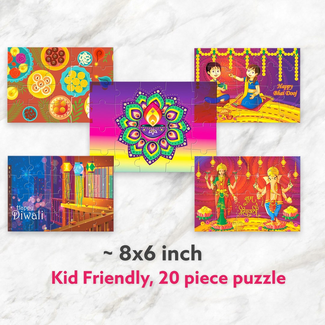 Diwali Kid Jigsaw Puzzle Game Set of 5, 8 X 6 Inches Made in USA Diwali Kids Gift, Activity