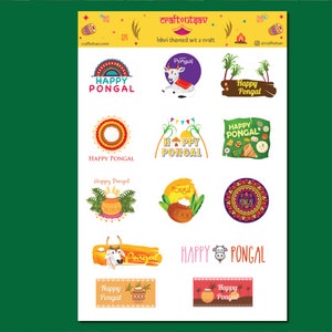 May include: A sheet of colorful stickers featuring various designs celebrating Pongal, a South Indian harvest festival. The stickers feature images of cows, sugarcane, pots, and traditional food. The text "Happy Pongal" appears on several stickers.