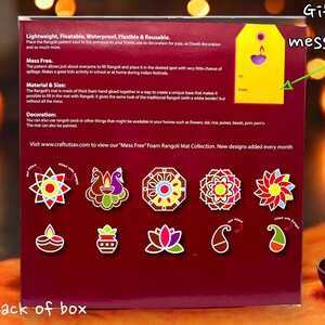 May include: A red, white, and blue box with a picture of a peacock and other designs. The box is for a mess-free foam Rangoli mat collection. The text on the box reads "Lightweight, Floatable, Waterproof, Flexible & Reusable." and "Mess Free".