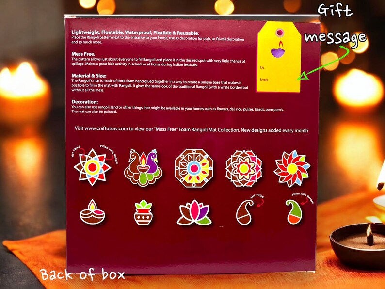 May include: A red, white, and blue box with a picture of a peacock and other designs. The box is for a mess-free foam Rangoli mat collection. The text on the box reads "Lightweight, Floatable, Waterproof, Flexible & Reusable." and "Mess Free".