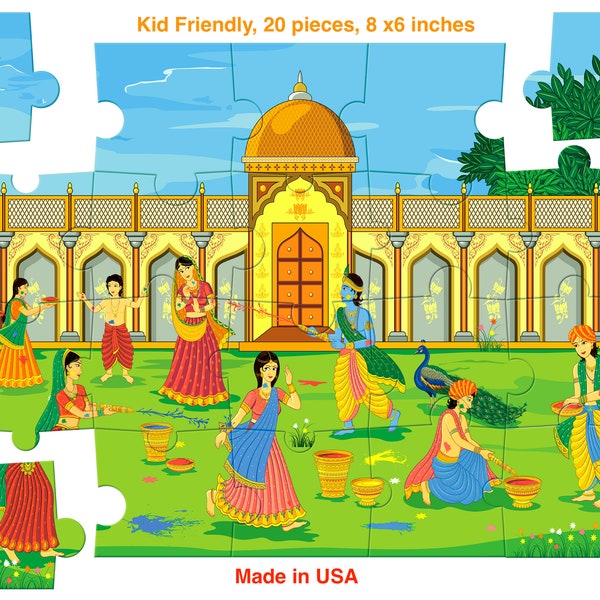 Holi Kid Jigsaw Puzzle Game -  8 x 6 inches - Made in USA - Krishna and Radha playing Holi