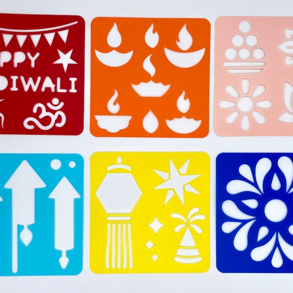 Diwali Themed Stencils for Kids  - 25+ Patterns, 6 Colorful Stencils for Rangoli, Art, Painting, Diwali Kids Favors