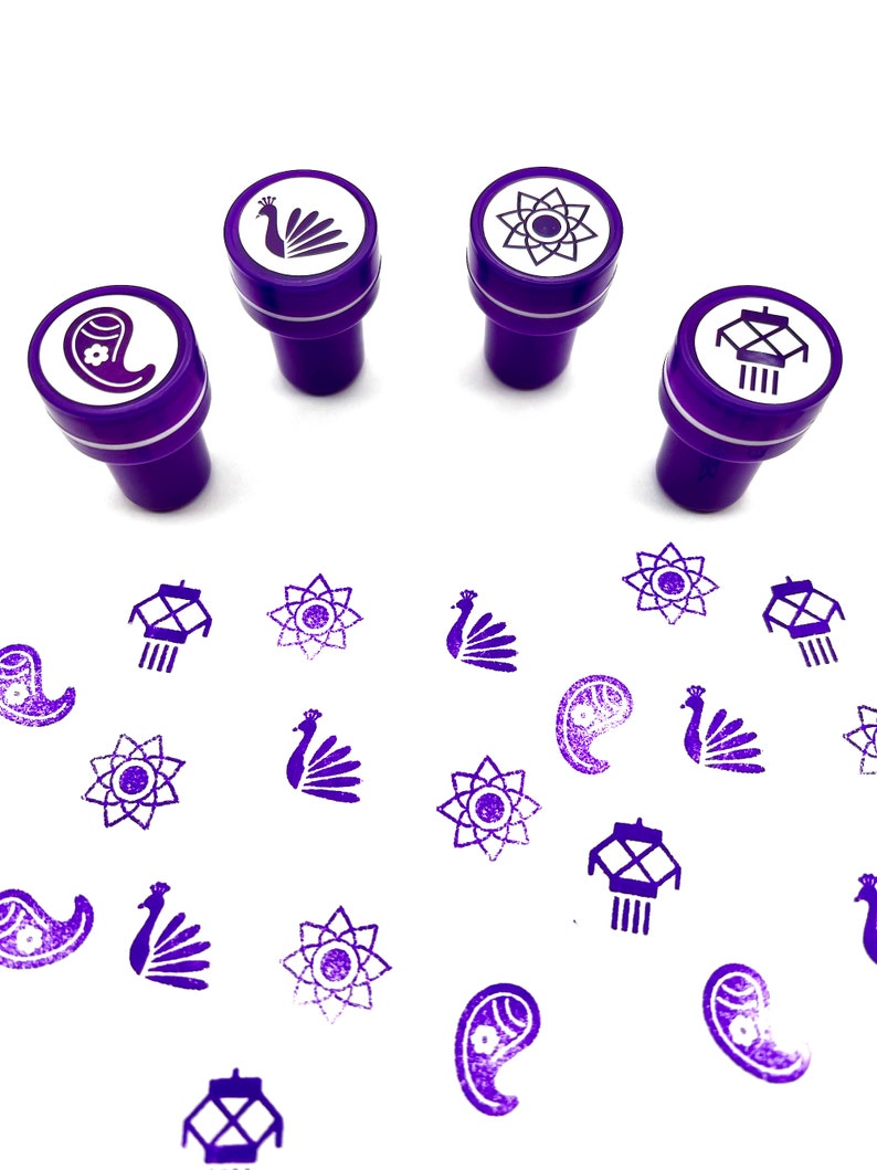 Diwali Art Self-ink Stamps for Kids 24 Unique Indian themed designs, 6 Colors, Party Favors, Activity for Indian festivals & occasions image 6