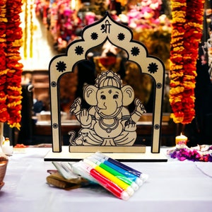 Lord Ganesh Wood Coloring Kit for kids | Ganpati return Gift | Ganapati | Ganeshutsav | 8.5 inch Tall x 7 inch Wide | Includes 5 Color pens