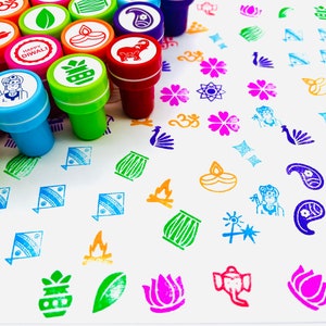 Diwali Art Self-ink Stamps for Kids 24 Unique Indian themed designs, 6 Colors, Party Favors, Activity for Indian festivals & occasions image 1