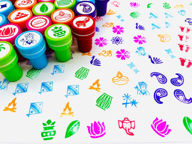 Diwali Art Self-ink Stamps for Kids 24 Unique Indian themed designs, 6 Colors, Party Favors, Activity for Indian festivals & occasions image 1