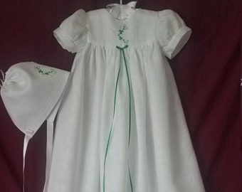 Unisex Clover Cross With Kelly Green Shamrocks Christening Gown, Personalized Slip & Hat