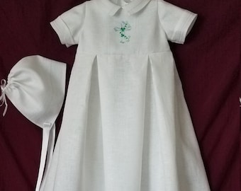 Irish Linen Boys Christening Gown With Clover Cross, Personalized Slip & Hat