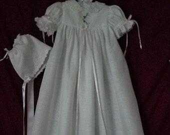 Girls Irish Linen Clover Cross Christening Gown, Personalized Slip & Bonnet