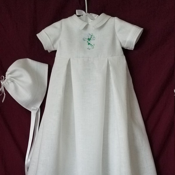 Irish Linen Boys Christening Gown With Clover Cross, Personalized Slip & Hat