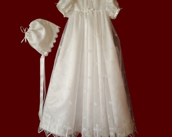 Clearance Embroidered Organza With Crosses Christening Gown, Personalized Slip & Bonnet, Size 3-6 Months