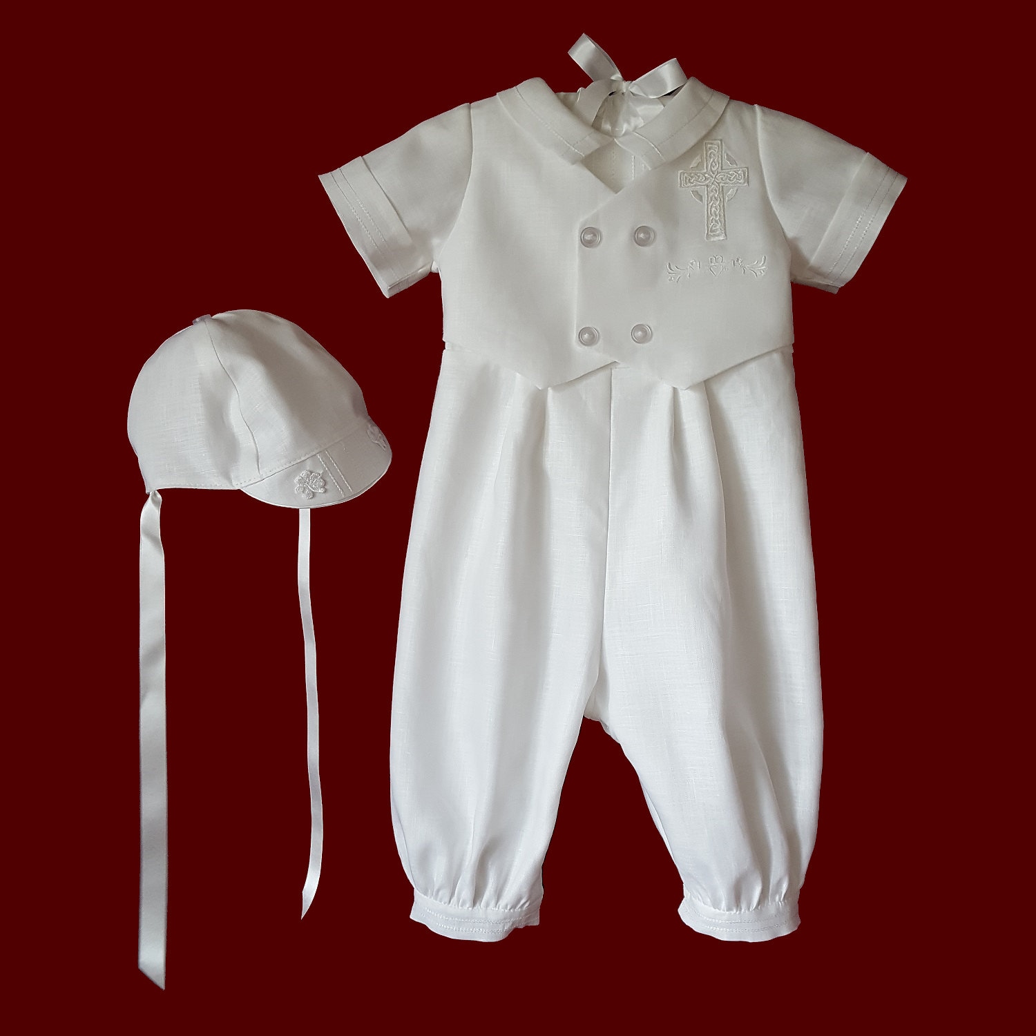 Boys Irish Linen Christening Romper & Vest With Embroidered Celtic Cross & Hat