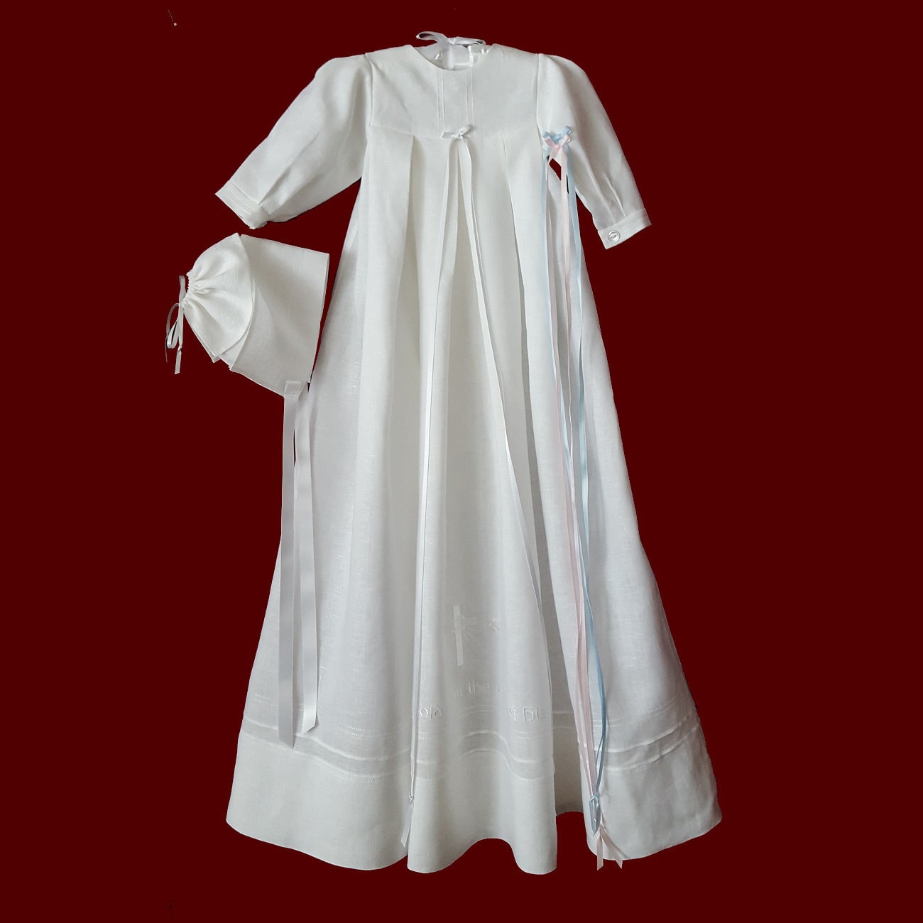 Angel of God Irish Linen Unisex Christening Gown With Magic Hanky Bonnet,  Size 3-6 Months - Smocked Treasures