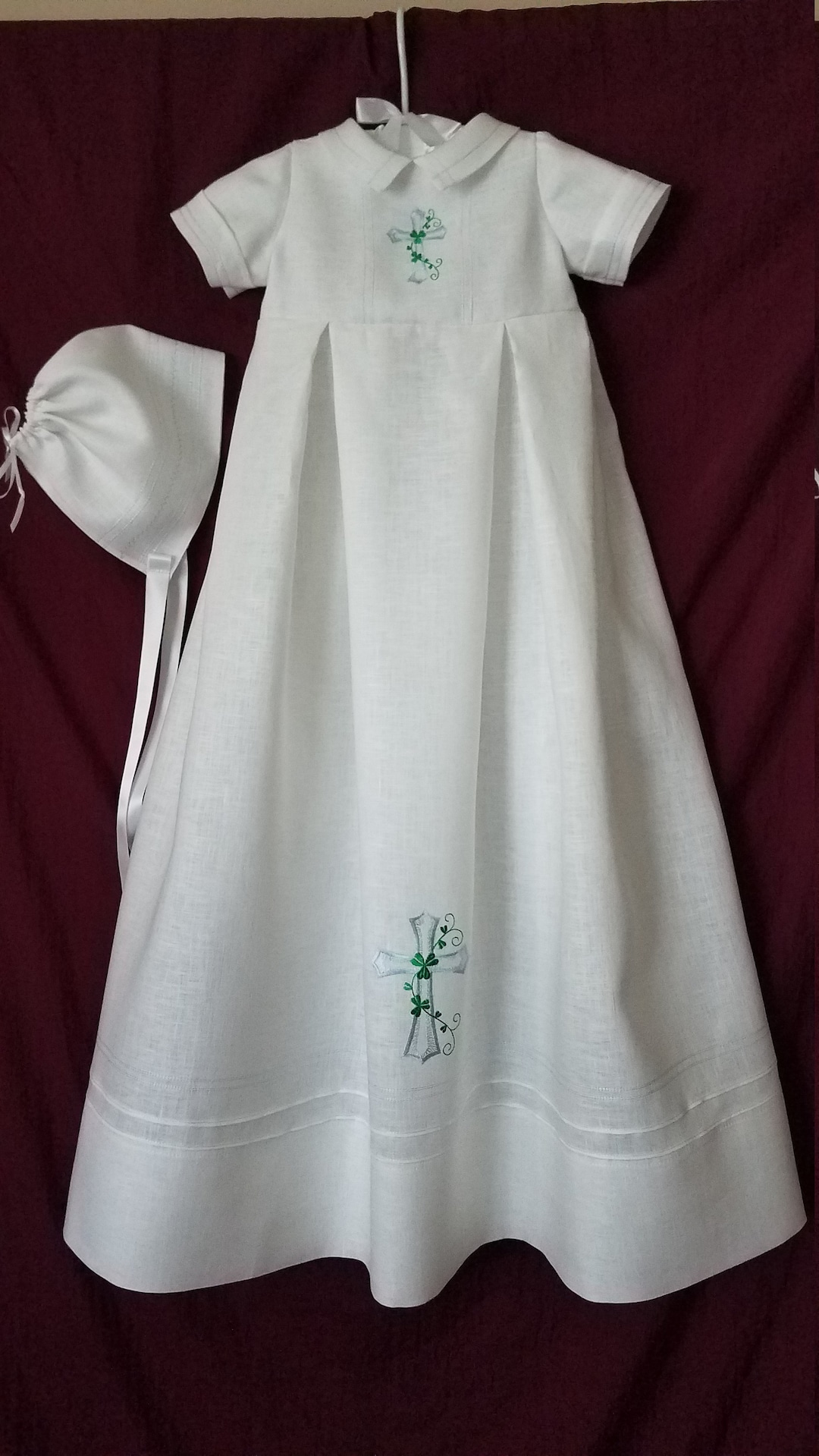Irish Linen Boys Christening Gown With Clover Cross, Personalized Slip & Hat Etsy