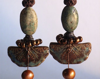 Ohrringe Ohrhänger lang Türkis Porzellan Lava Rocailles Perle Wire grün braun messing bronze schwarz Boho Ethno Afrika