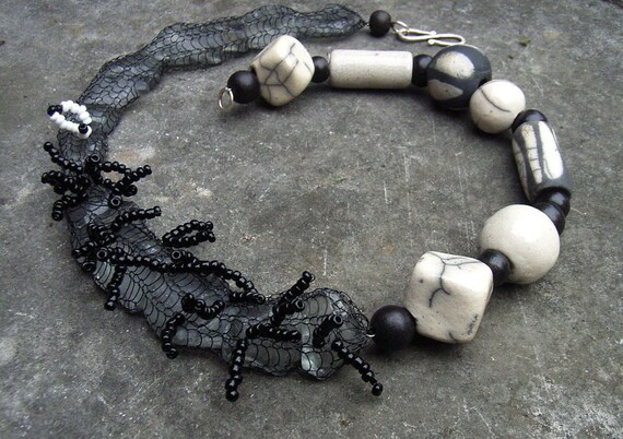 Necklace Medium Long Ceramic Raku Seed Beads Glass Wooden Beads