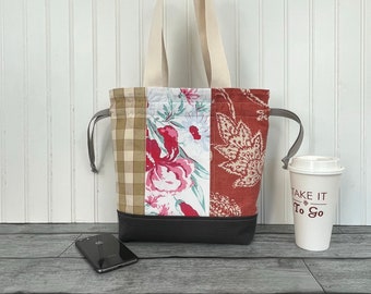 Upcycled Drawstring Floral Bag - Lunch Bag for Women