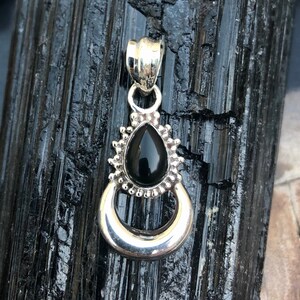 Black Onyx & Silver Moon Pendant! .925 Sterling Root Chakra Protection Premium Stone Healing Bracelet! Gemstone Jewelry Metaphysical