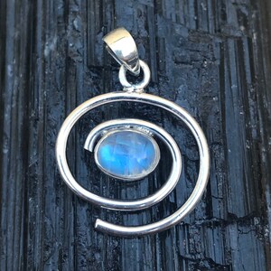 Moonstone Spiral Silver Pendant! .925 Sterling Rainbow Blue Flash Premium Stone Healing! Gemstone Jewelry Meditation Metaphysical Crown