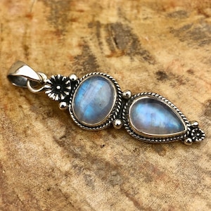 Double Moonstone & Sterling Silver Pendant! .925 Sterling Rainbow Blue Flash Premium Stone Healing! Gemstone Jewelry Meditation Metaphysical