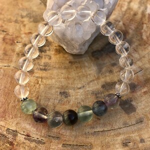 Rainbow Fluorite & Crystal Quartz Stretch Bracelet! Green Purple Premium Beads Healing Bracelet! Natural Healing Jewelry Meditation Chakra