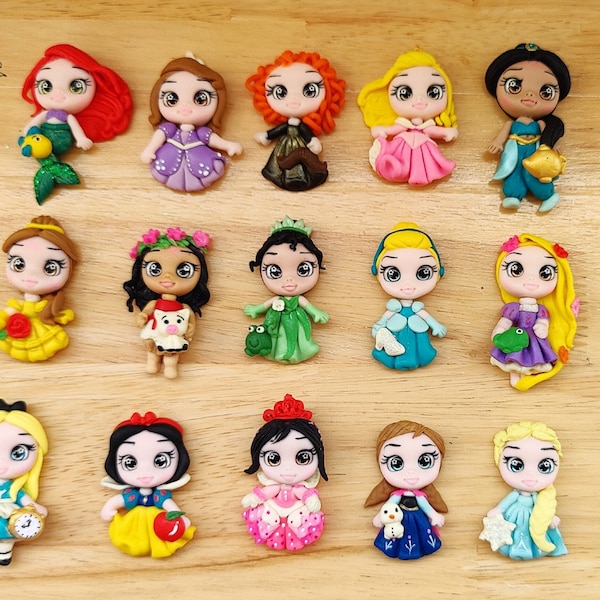 CLAY dolls Disney princess ,clay dolls ,princess figures ,bow centerpieces, Frozen, Anna Elsa , Jasmine, ,hairbands bows ,Polymer clay