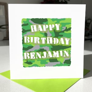 Camuflaje Nombre Personalizado Tarjeta de Cumpleaños para niño, Camo tarjeta personalizada para niño