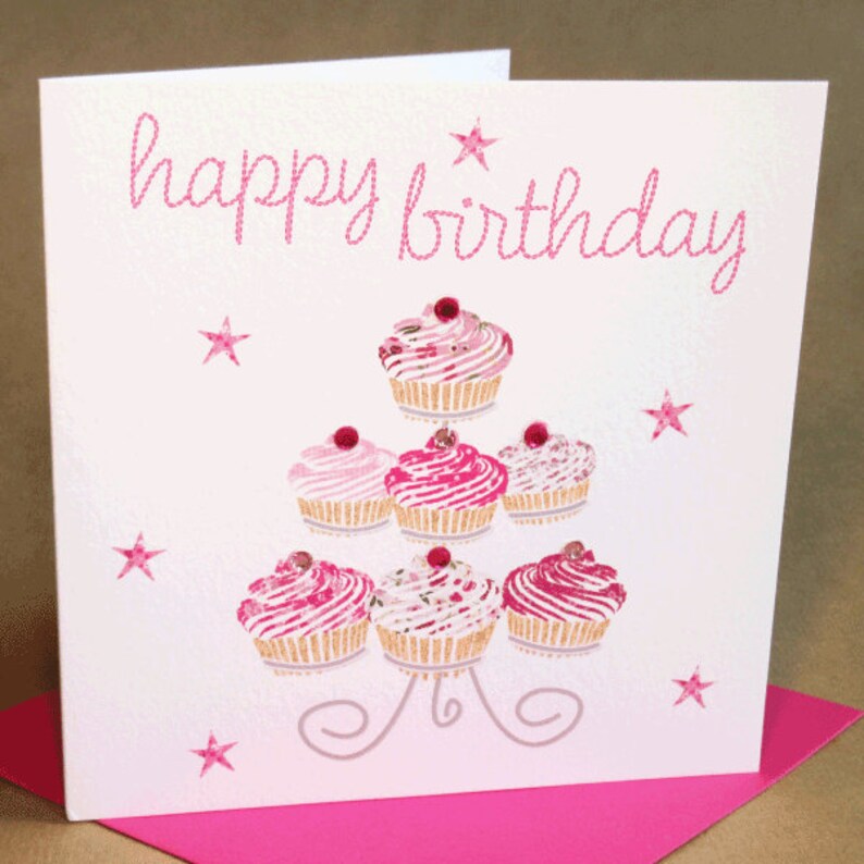 Cupcakes Birthday Card, Jewelled Birthday Card for Woman/Girl image 1