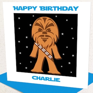 Chewbacca Style Gepersonaliseerde verjaardagskaart voor jongen of meisje, gepersonaliseerde leeftijd 1 2 3 4 5 6 7 8 9 10 11 12 13 14 15 16 17 18