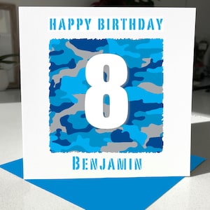 Tarjeta de cumpleaños personalizada de camuflaje (azul) para niño o niña, personalizada para 1, 2, 3, 4, 5, 6, 7, 8, 9, 10, 11, 12, 13, 14, 15, 16, 17 y 18 años.