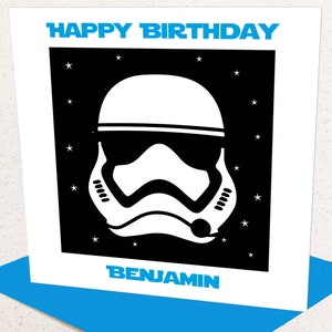 Stormtrooper Style Gepersonaliseerde Verjaardagskaart voor jongen of meisje, gepersonaliseerde leeftijd 1 2 3 4 5 6 7 8 9 10 11 12 13 14 15 16 17 18
