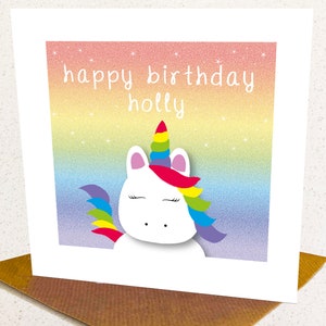 Arc en ciel Licorne personnalisé carte d’anniversaire, carte d’anniversaire pour enfants, carte de l’âge des enfants personnalisé