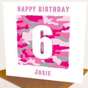 Camouflage Gepersonaliseerde Verjaardagskaart voor meisje, gepersonaliseerde leeftijd 1 2 3 4 5 6 7 8 9 10 11 12 13 14 15 16 17 18