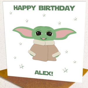 Baby Yoda Grogu Style gepersonaliseerde verjaardagskaart voor jongen of meisje, gepersonaliseerde leeftijd 1 2 3 4 5 6 7 8 9 10 11 12 13 14 15 16 17 18