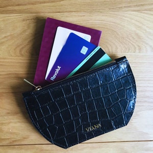 Bolsa de cuero personalizada con cremallera, billetera pequeña, bolsa de cuero con relieve de cocodrilo negro, monedero de cuero, monedero pequeño, regalo personalizado